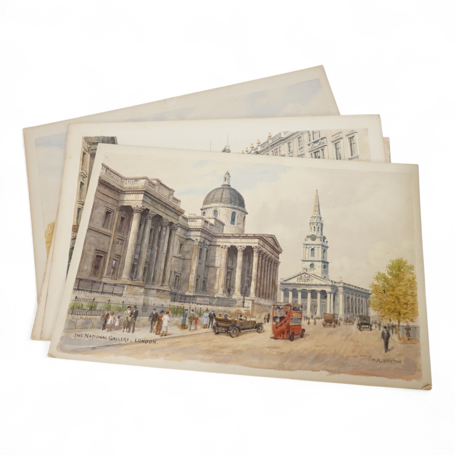 Alfred Robert Quinton (1853-1934), a set of four original watercolours for postcard designs, London scenes to include, ‘National Gallery’, ‘Regent Street’ and ‘Marble Arch’, each signed, unframed, 20 x 30cm